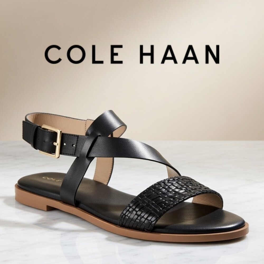 Cole Haan Findra Black Leather Woven Strappy Flat Sandals Size 9B